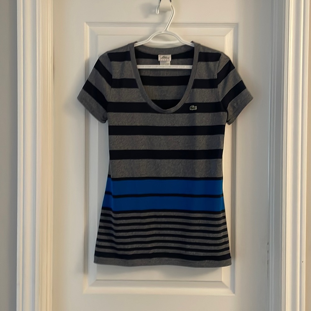 Grey and blue striped ladies Lacoste shirt